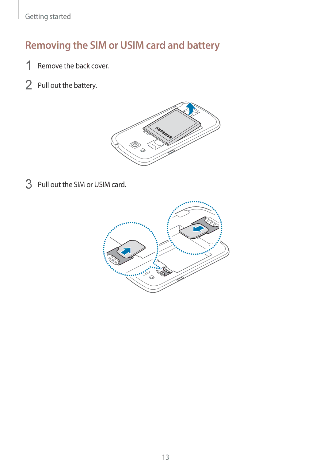 Samsung GT-I9152PPASER, GT-I9152ZKASER, GT-I9152ZWASER manual Removing the SIM or Usim card and battery 