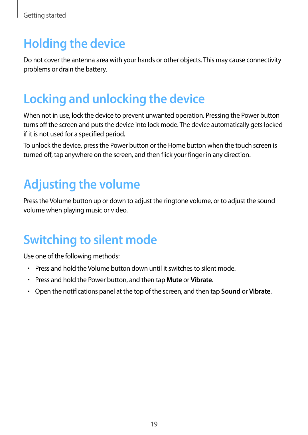 Samsung GT-I9152PPASER, GT-I9152ZKASER manual Holding the device, Locking and unlocking the device, Adjusting the volume 