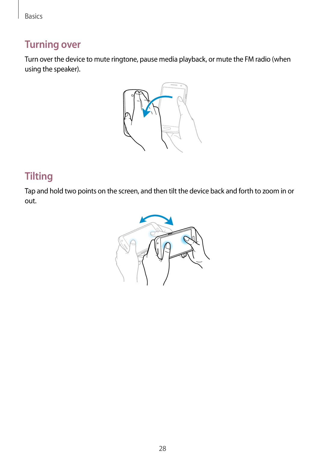 Samsung GT-I9152PPASER, GT-I9152ZKASER, GT-I9152ZWASER manual Turning over, Tilting 