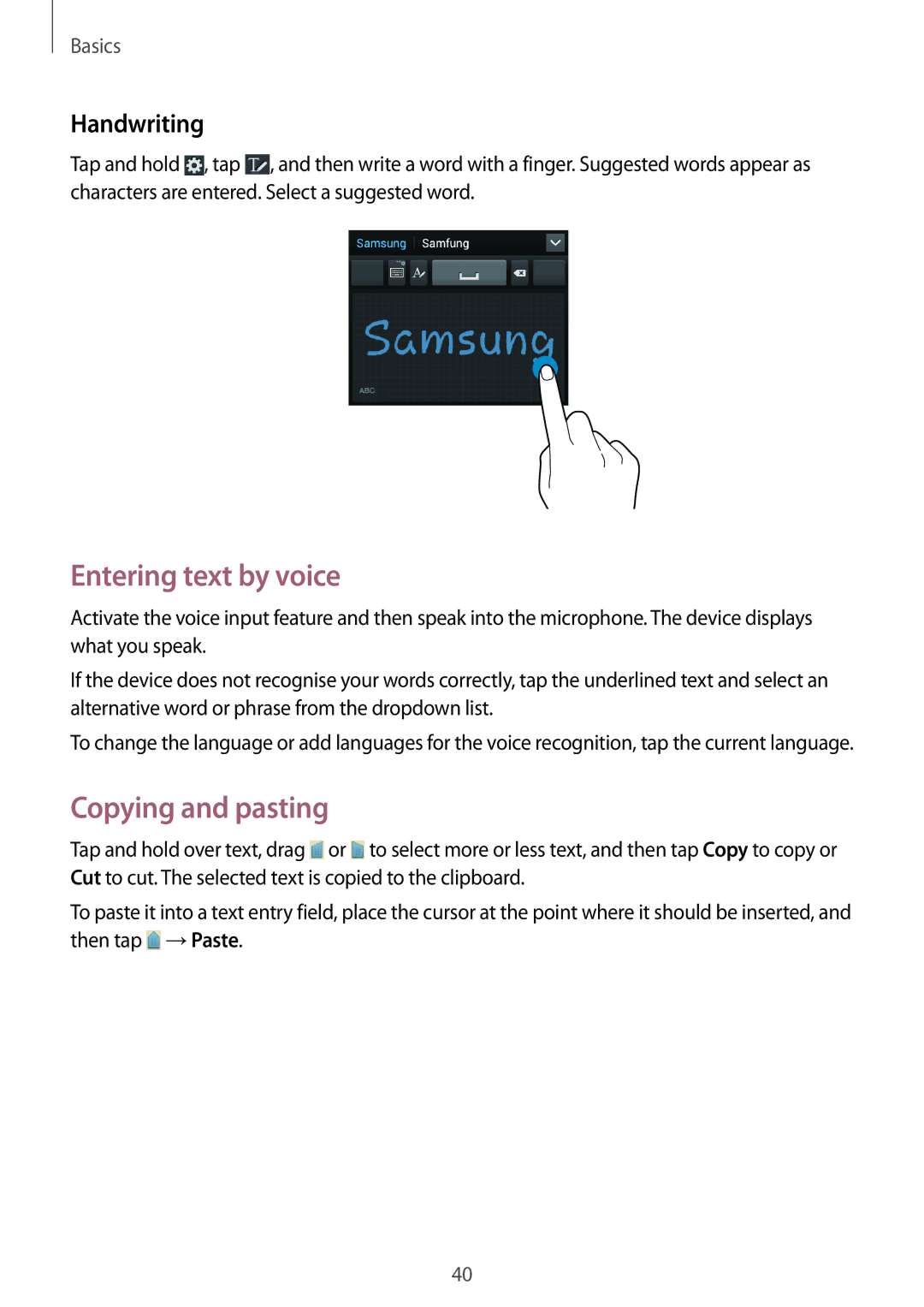 Samsung GT-I9152PPASER, GT-I9152ZKASER, GT-I9152ZWASER manual Entering text by voice, Copying and pasting, Handwriting 