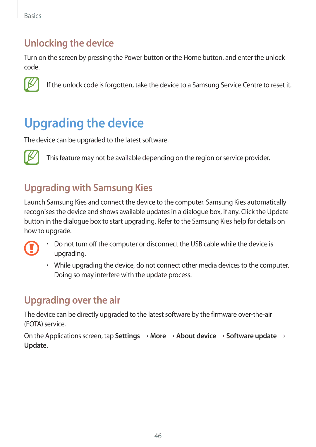 Samsung GT-I9152PPASER Upgrading the device, Unlocking the device, Upgrading with Samsung Kies, Upgrading over the air 