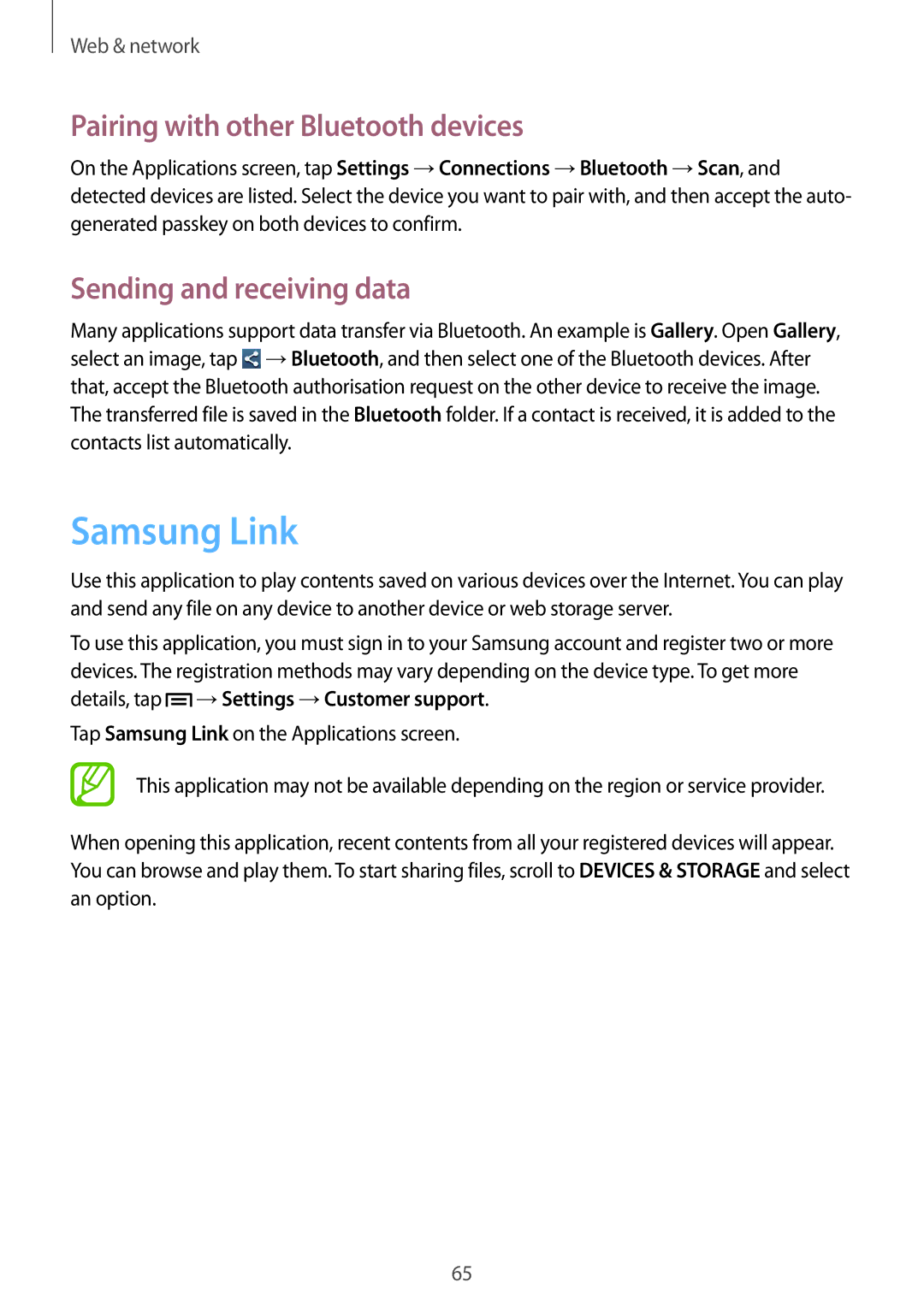 Samsung GT-I9152ZWASER, GT-I9152ZKASER manual Samsung Link, Pairing with other Bluetooth devices, Sending and receiving data 