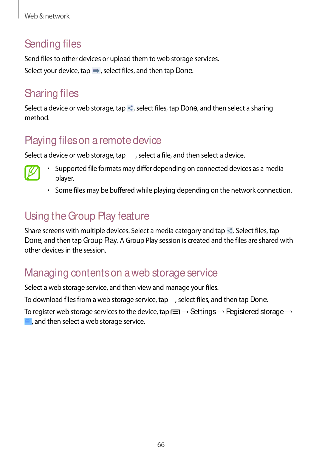 Samsung GT-I9152ZKASER manual Sending files, Sharing files, Playing files on a remote device, Using the Group Play feature 