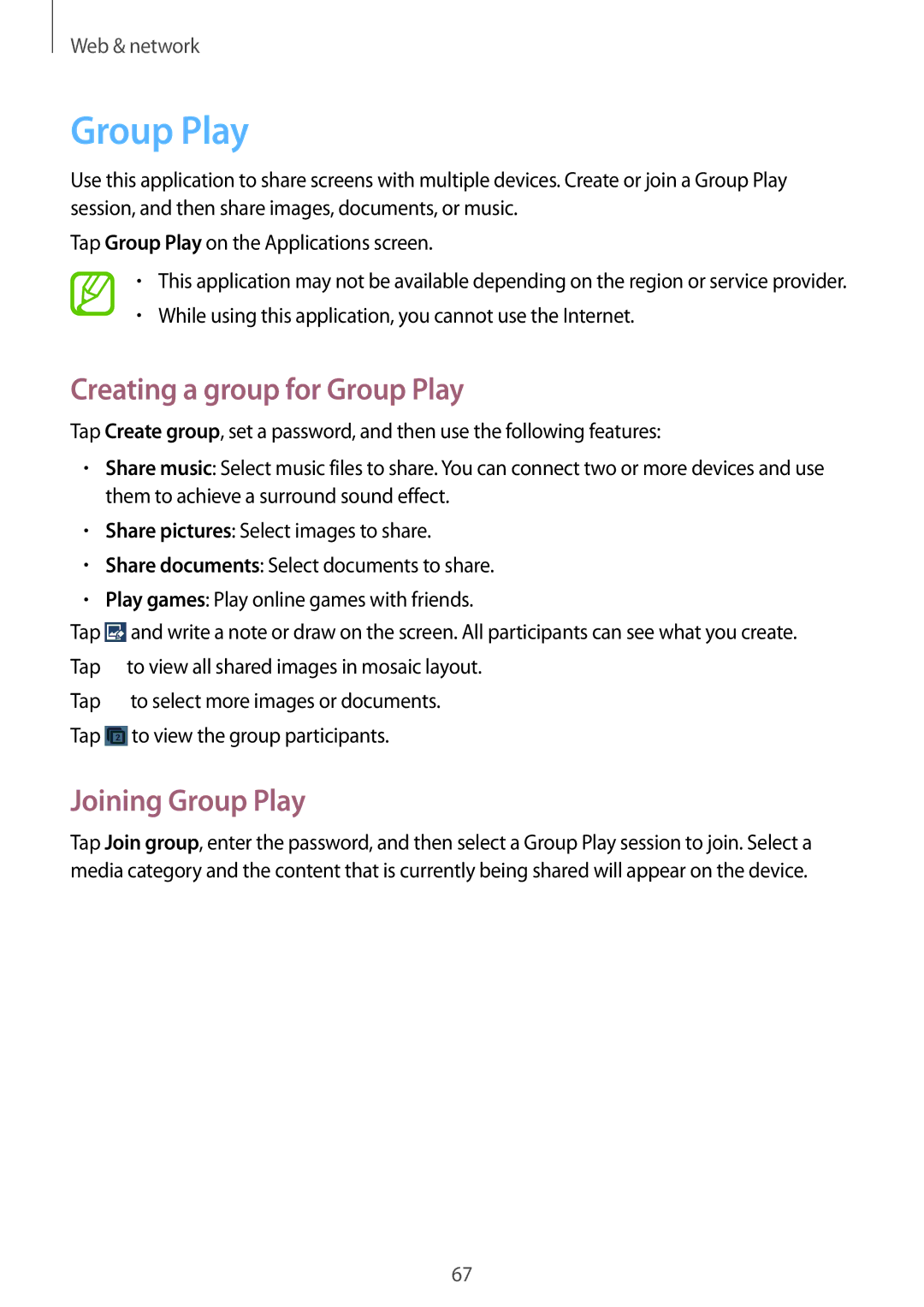 Samsung GT-I9152PPASER, GT-I9152ZKASER, GT-I9152ZWASER manual Creating a group for Group Play, Joining Group Play 