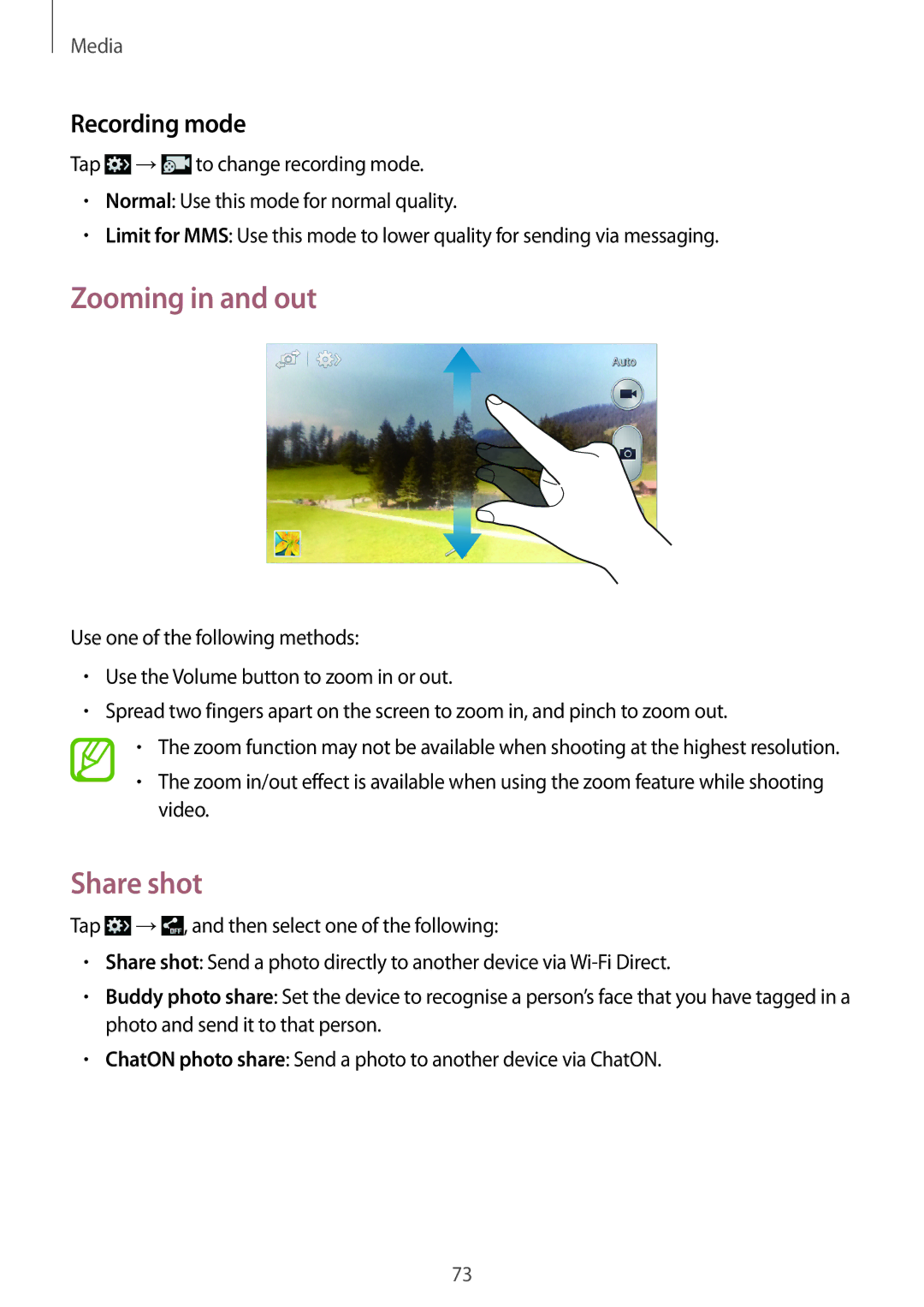 Samsung GT-I9152PPASER, GT-I9152ZKASER, GT-I9152ZWASER manual Zooming in and out, Share shot, Recording mode 
