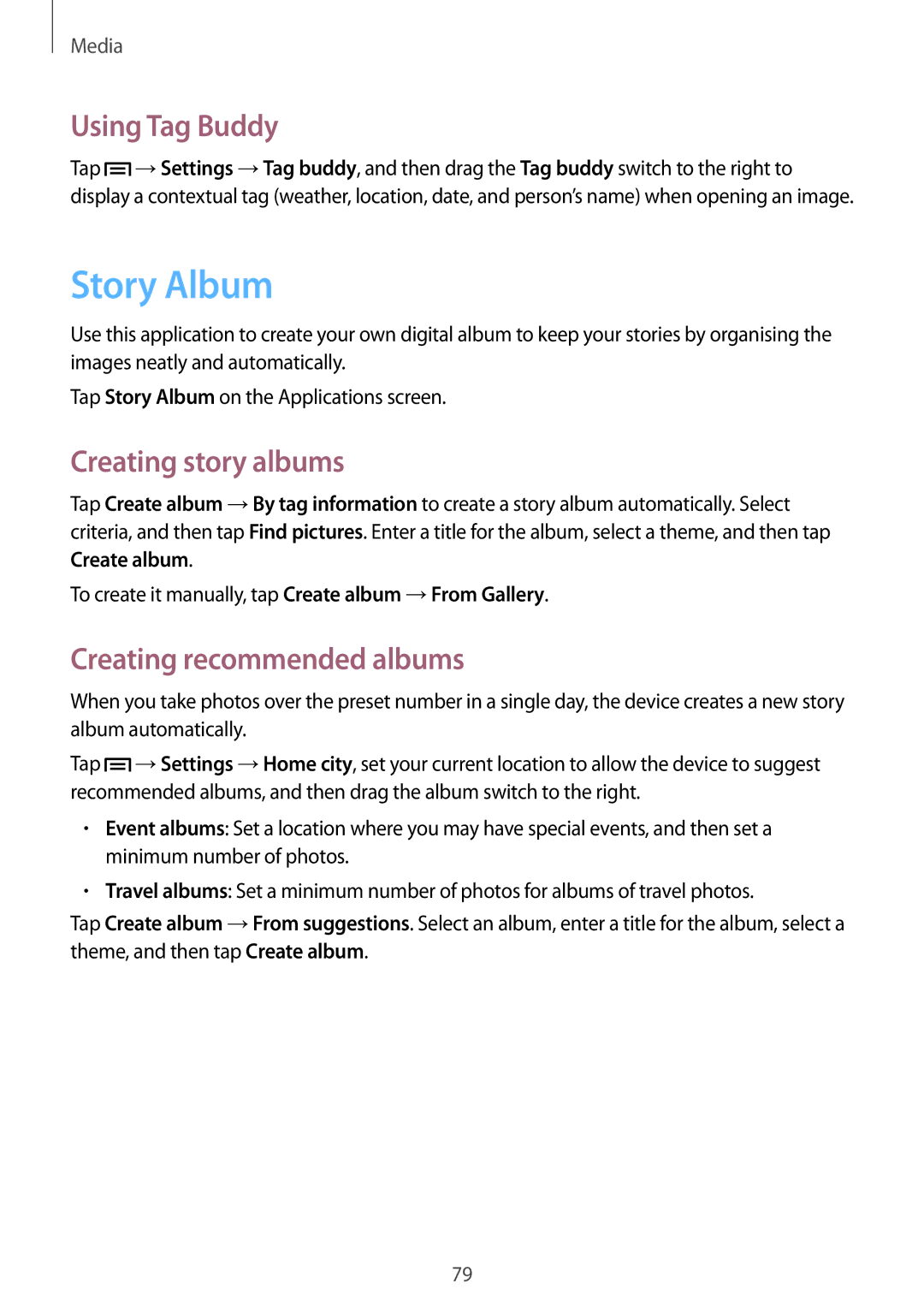 Samsung GT-I9152PPASER, GT-I9152ZKASER Story Album, Using Tag Buddy, Creating story albums, Creating recommended albums 