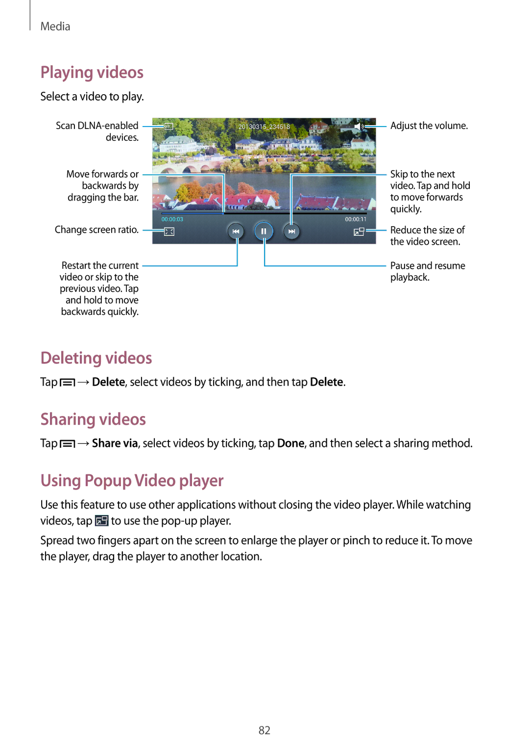 Samsung GT-I9152PPASER, GT-I9152ZKASER, GT-I9152ZWASER manual Deleting videos, Sharing videos, Using Popup Video player 