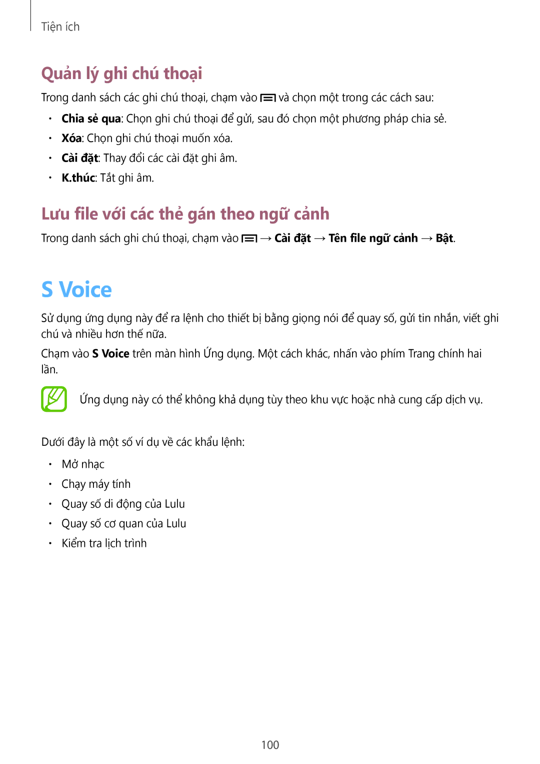 Samsung GT-I9190ZKAXXV, GT-I9190ZWAXXV manual Voice, Quản lý ghi chú thoại, Lưu file với các thẻ gán theo ngữ cảnh, 100 