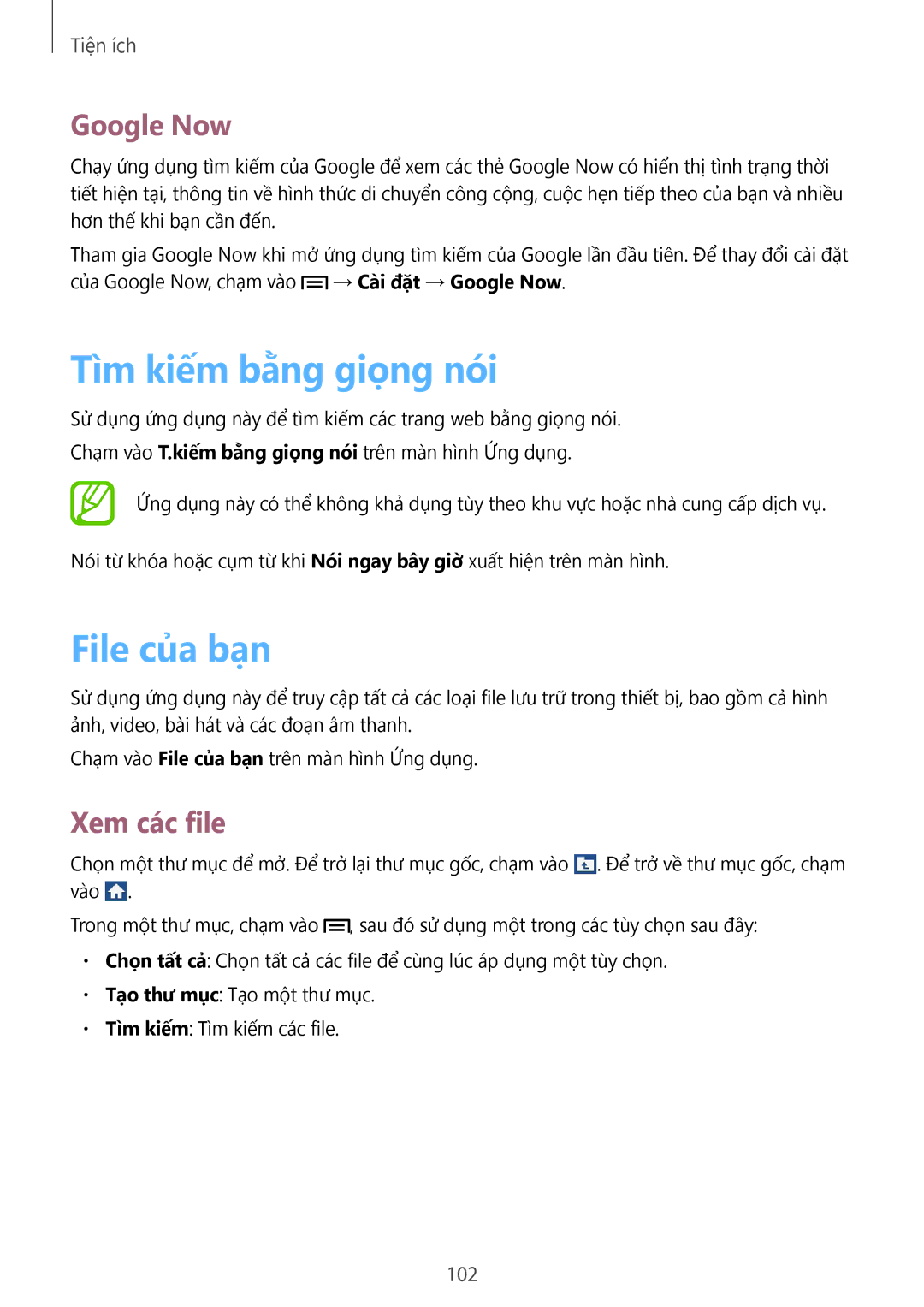 Samsung GT-I9190ZKAXXV, GT-I9190ZWAXXV manual Tìm kiếm bằng giọng nói, File củ̉a bạn, Google Now, Xem các file, 102 