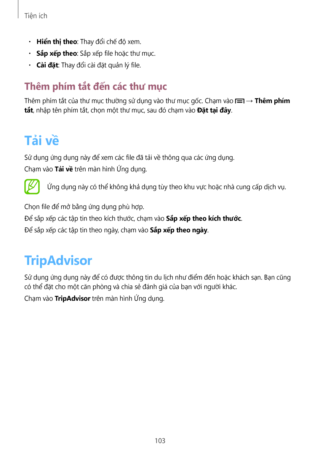 Samsung GT-I9190ZWAXXV, GT-I9190ZKAXXV manual Tải về, TripAdvisor, Thêm phím tắt đến các thư mục, 103 