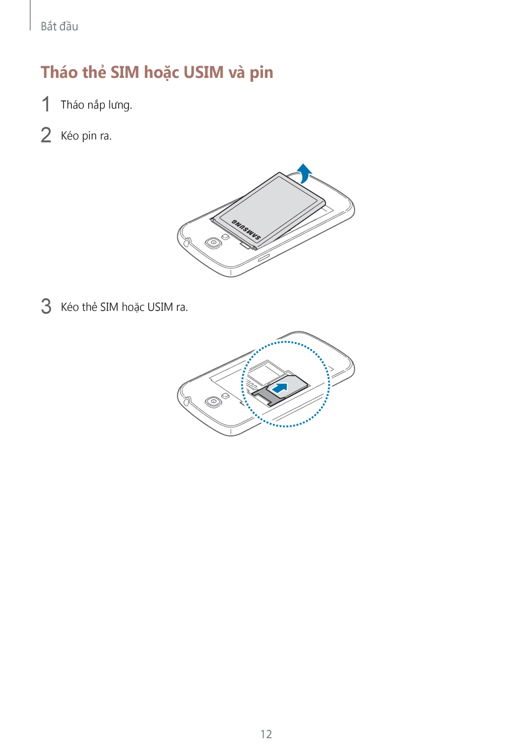 Samsung GT-I9190ZKAXXV, GT-I9190ZWAXXV manual Tháo thẻ SIM hoặc Usim và pin 