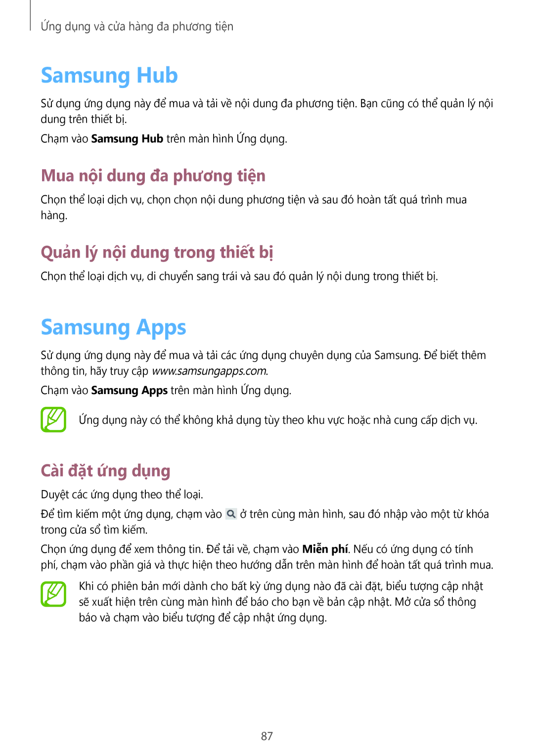 Samsung GT-I9190ZWAXXV manual Samsung Hub, Samsung Apps, Mua nội dung đa phương tiện, Quản lý nội dung trong thiết bị 