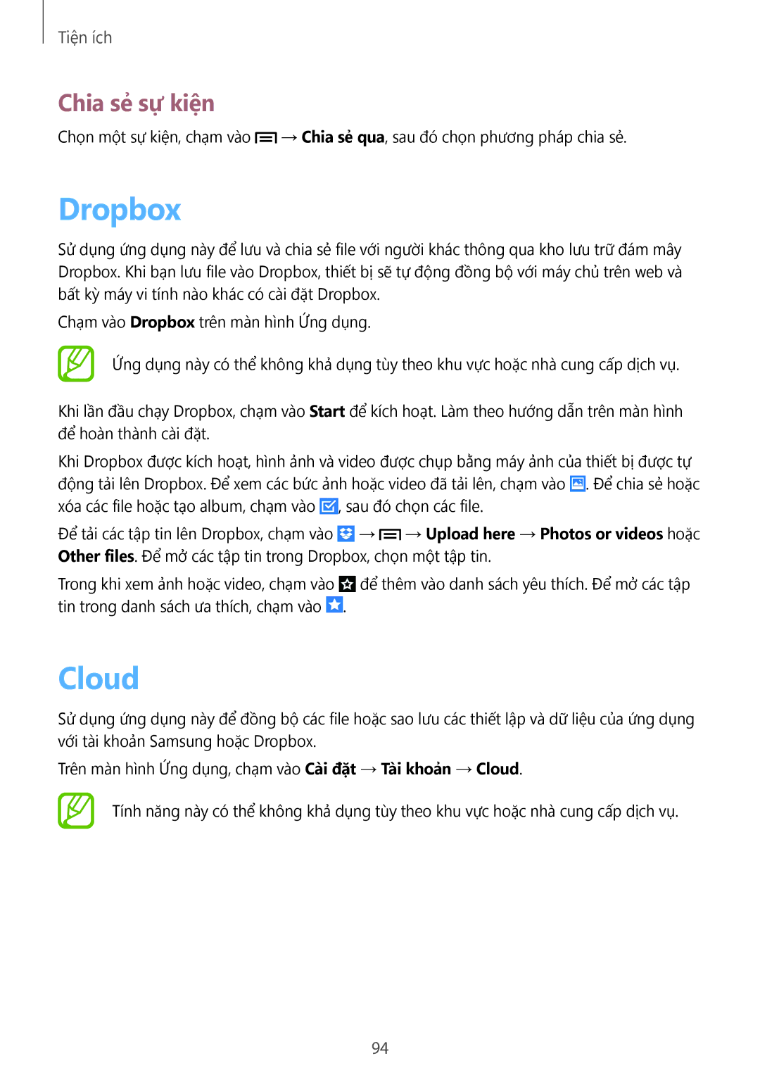 Samsung GT-I9190ZKAXXV, GT-I9190ZWAXXV manual Dropbox, Cloud, Chia sẻ sự kiện 