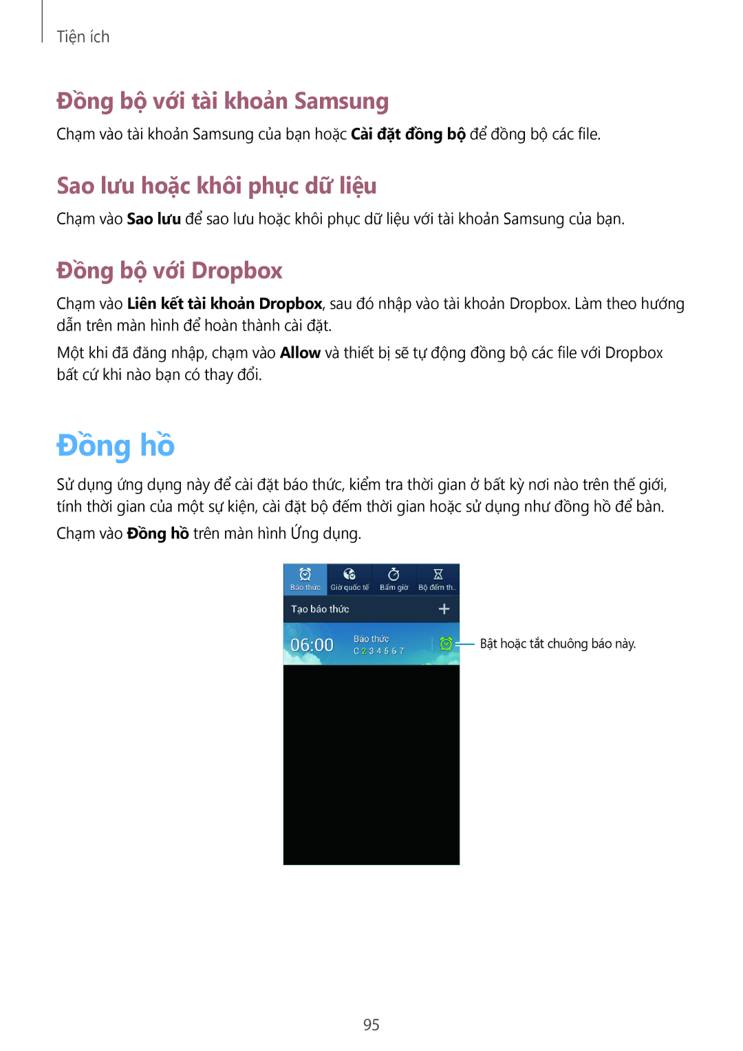 Samsung GT-I9190ZWAXXV manual Đồng hồ, Đồng bộ với tài khoản Samsung, Sao lưu hoặc khôi phục dữ liệu, Đồng bộ với Dropbox 