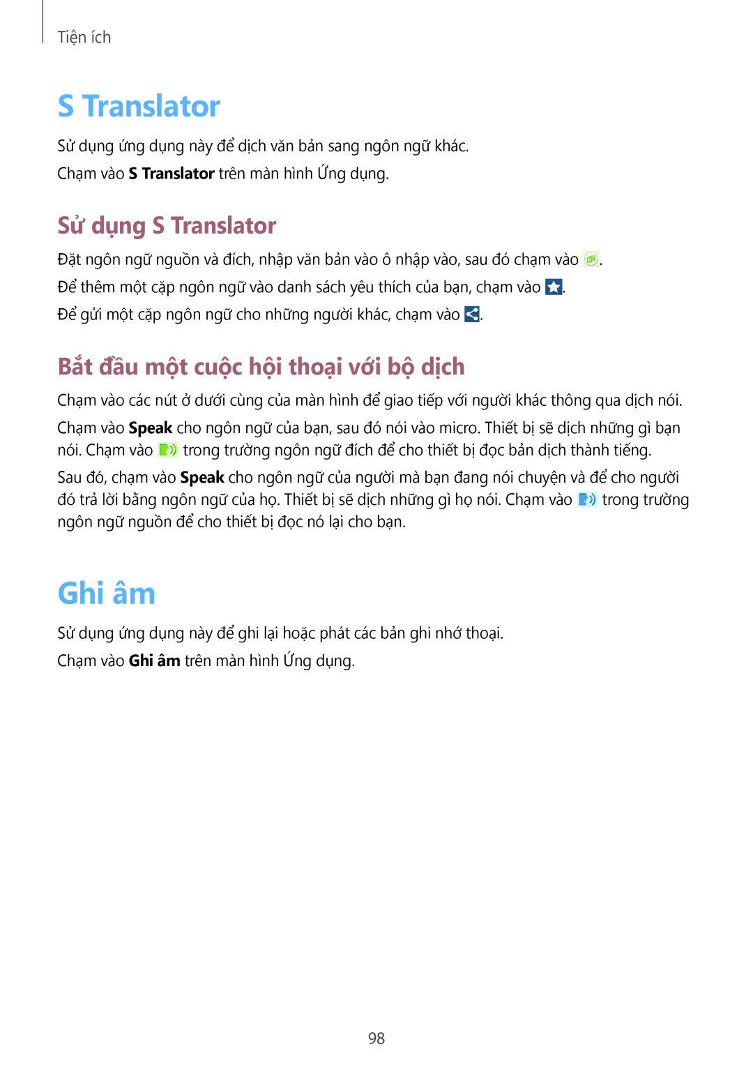 Samsung GT-I9190ZKAXXV, GT-I9190ZWAXXV manual Ghi âm, Sử dụng S Translator, Bắt đầu một cuộc hội thoại với bộ dịch 