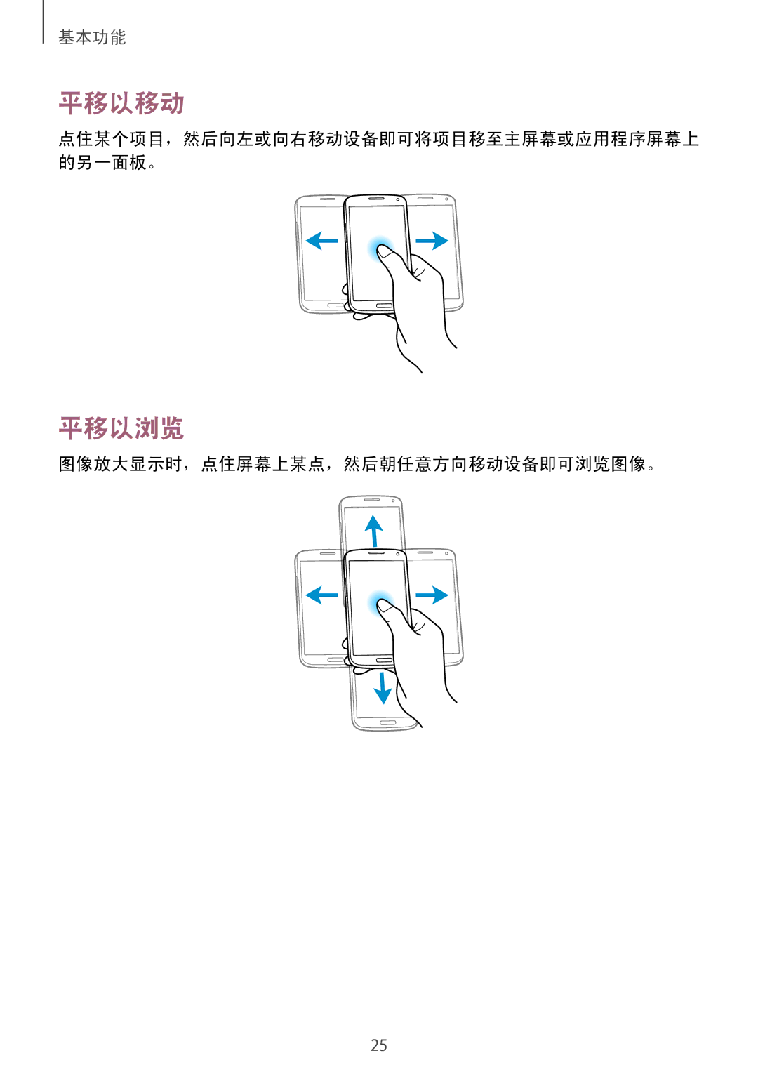 Samsung GT-I9190ZWAXXV, GT-I9190ZKAXXV manual 平移以移动, 平移以浏览, 图像放大显示时，点住屏幕上某点，然后朝任意方向移动设备即可浏览图像。 