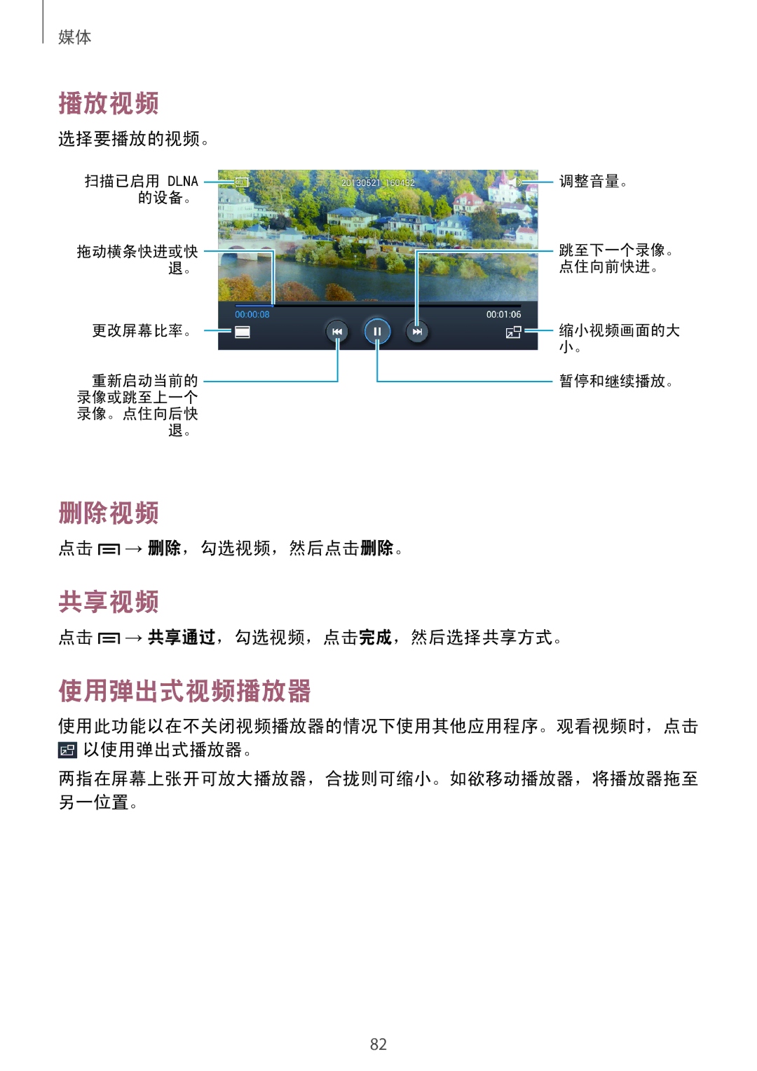 Samsung GT-I9190ZKAXXV, GT-I9190ZWAXXV manual 删除视频, 共享视频, 使用弹出式视频播放器 