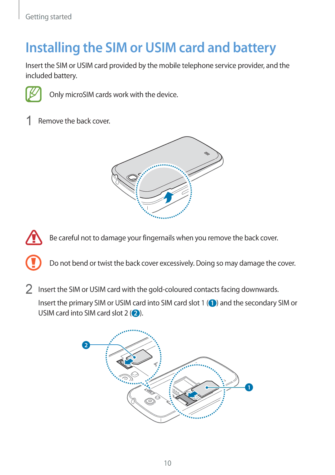 Samsung GT-I9192ZRAAFR, GT-I9192DKYTUN, GT-I9192ZPAMRT, GT-I9192ZNAAFR manual Installing the SIM or Usim card and battery 