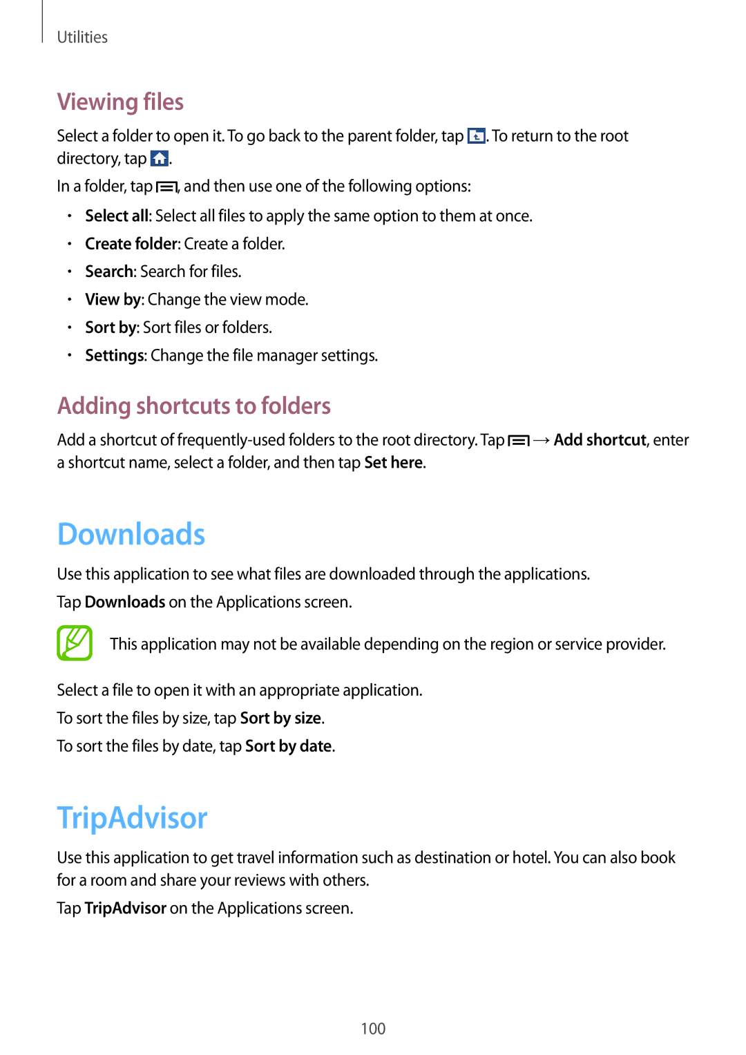 Samsung GT-I9192ZKAKSA, GT-I9192DKYTUN, GT-I9192ZPAMRT Downloads, TripAdvisor, Viewing files, Adding shortcuts to folders 