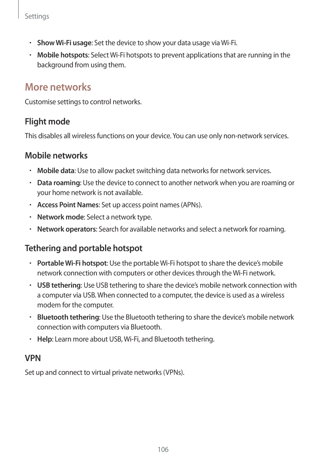 Samsung GT-I9192ZIATHR, GT-I9192DKYTUN manual More networks, Flight mode, Mobile networks, Tethering and portable hotspot 