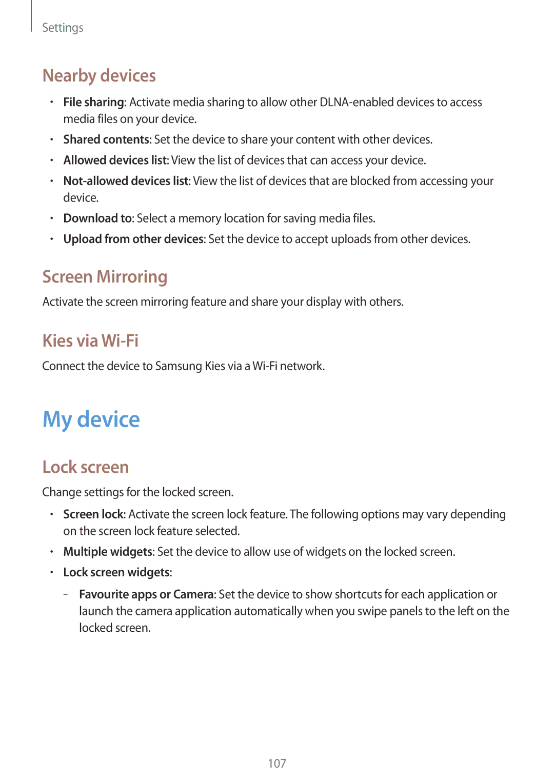 Samsung GT-I9192ZRAMRT, GT-I9192DKYTUN manual My device, Nearby devices, Screen Mirroring, Kies via Wi-Fi, Lock screen 