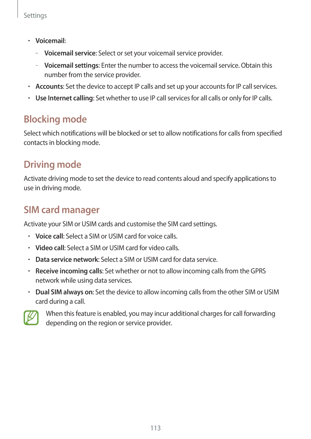 Samsung GT-I9192ZPALYS, GT-I9192DKYTUN, GT-I9192ZPAMRT manual Blocking mode, Driving mode, SIM card manager, Voicemail 