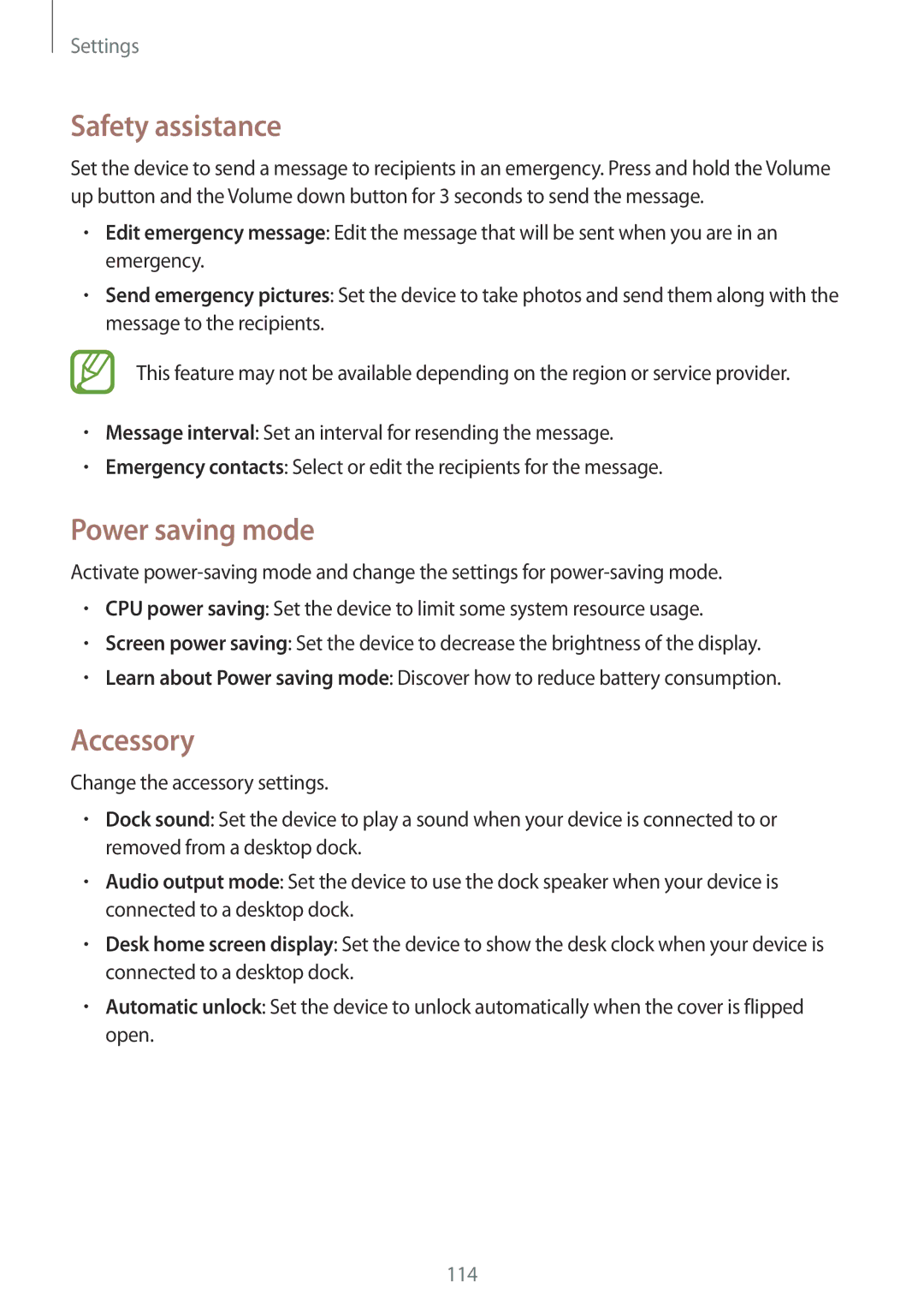 Samsung GT-I9192ZWAKSA, GT-I9192DKYTUN, GT-I9192ZPAMRT, GT-I9192ZNAAFR manual Safety assistance, Power saving mode, Accessory 