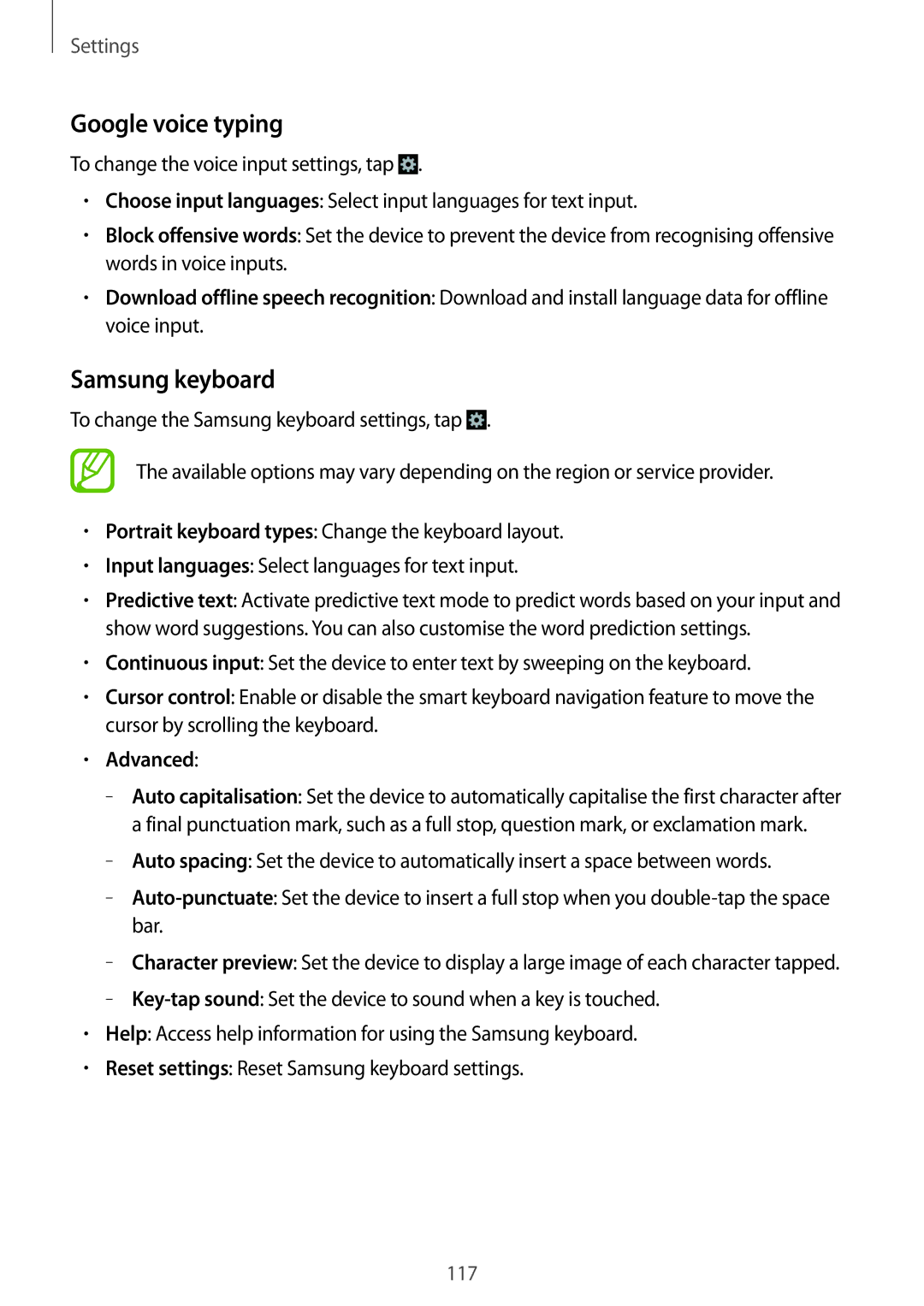 Samsung GT-I9192DKYLYS, GT-I9192DKYTUN, GT-I9192ZPAMRT, GT-I9192ZNAAFR manual Google voice typing, Samsung keyboard, Advanced 