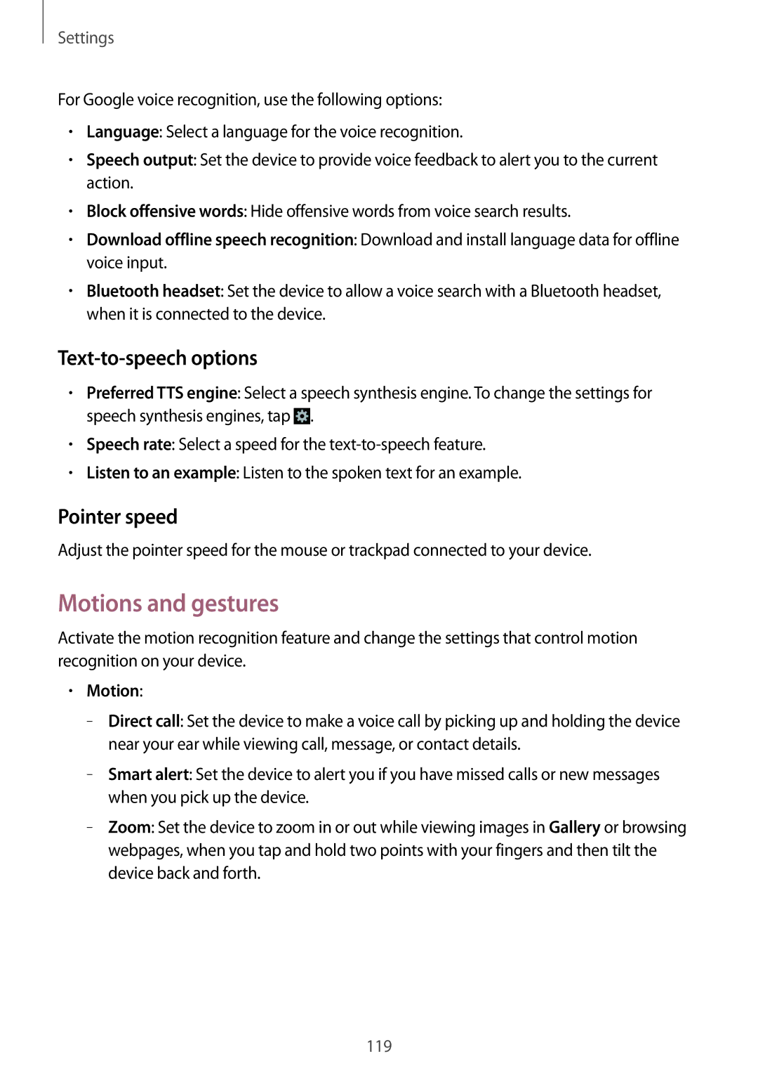 Samsung GT-I9192ZPAAFR, GT-I9192DKYTUN, GT-I9192ZPAMRT manual Motions and gestures, Text-to-speech options, Pointer speed 