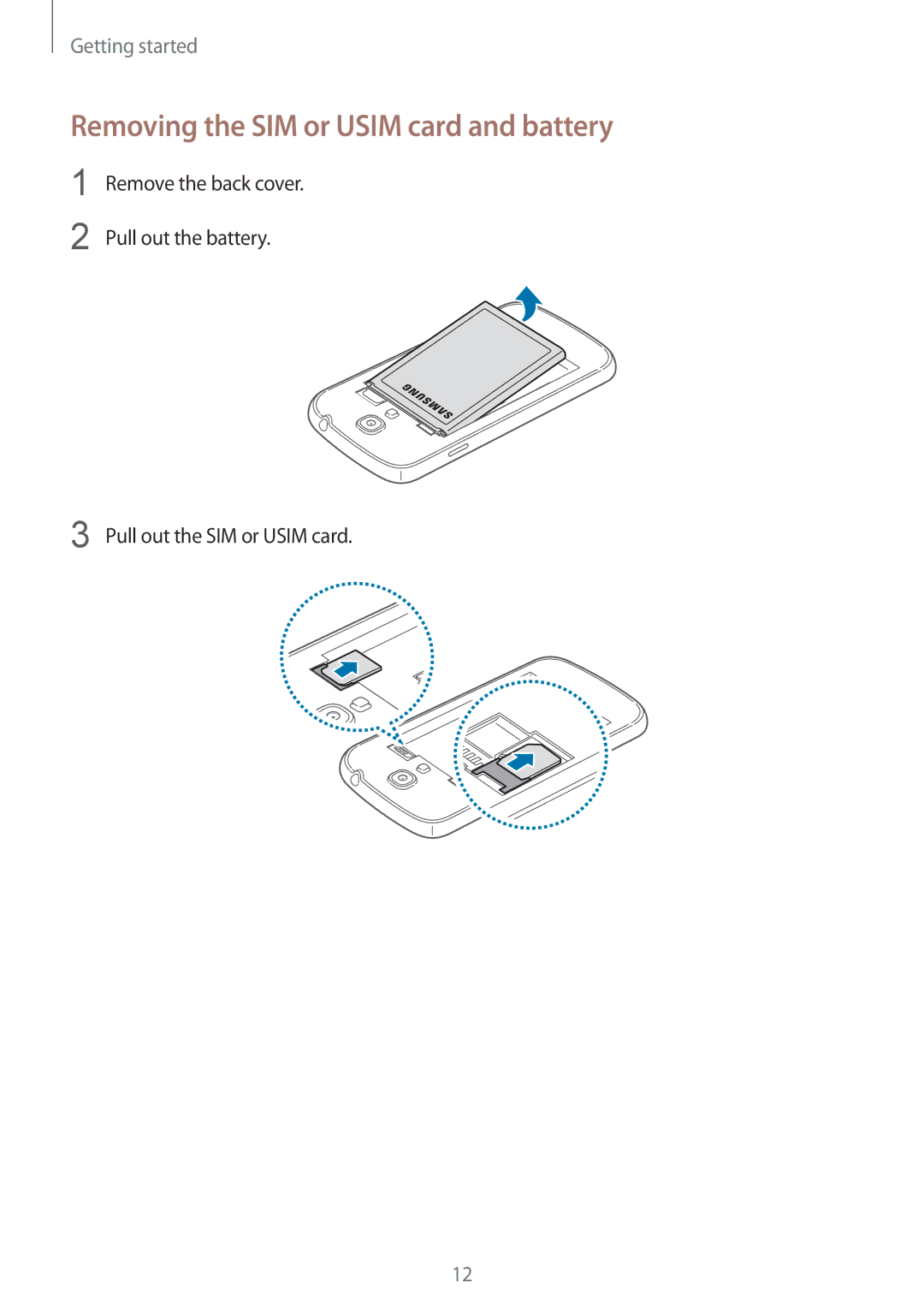 Samsung GT-I9192ZWZAFG, GT-I9192DKYTUN, GT-I9192ZPAMRT, GT-I9192ZNAAFR manual Removing the SIM or Usim card and battery 