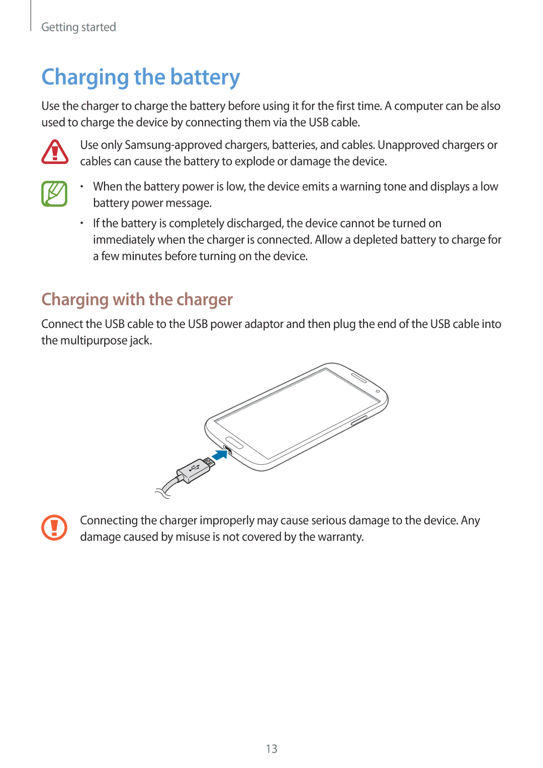 Samsung GT-I9192ZRATHR, GT-I9192DKYTUN, GT-I9192ZPAMRT, GT-I9192ZNAAFR manual Charging the battery, Charging with the charger 