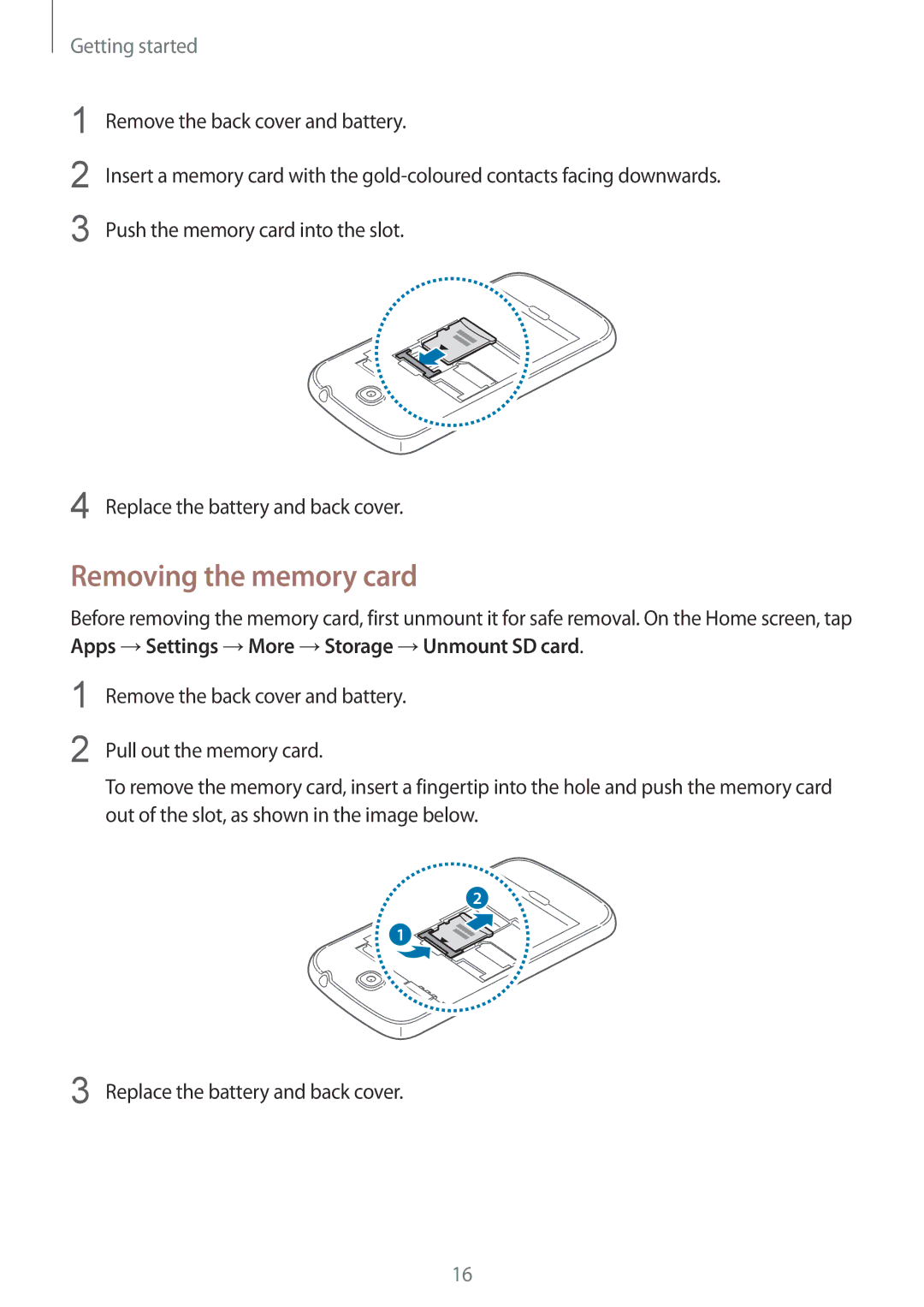 Samsung GT-I9192ZIAMRT, GT-I9192DKYTUN, GT-I9192ZPAMRT, GT-I9192ZNAAFR, GT-I9192ZOAAFR manual Removing the memory card 