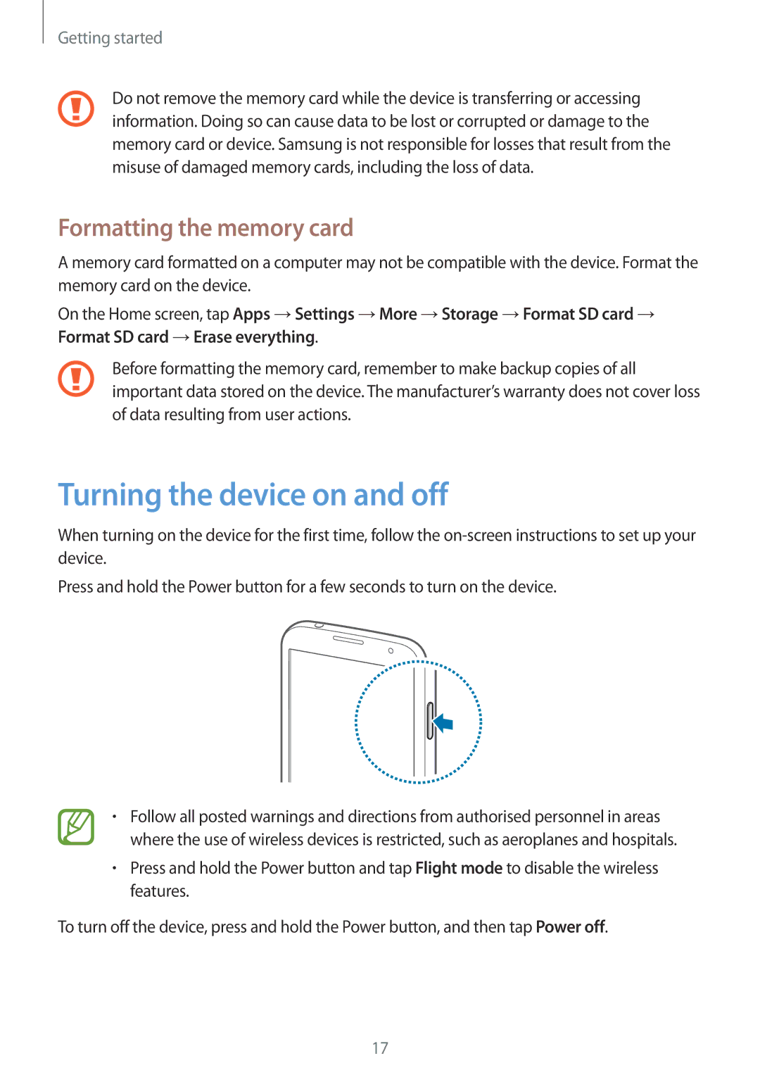 Samsung GT-I9192DKYAFG, GT-I9192DKYTUN, GT-I9192ZPAMRT manual Turning the device on and off, Formatting the memory card 