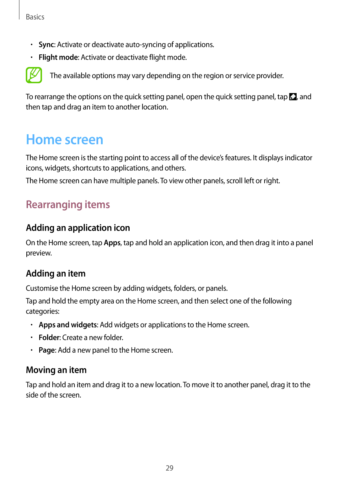 Samsung GT-I9192ZYATHR manual Home screen, Rearranging items, Adding an application icon, Adding an item, Moving an item 