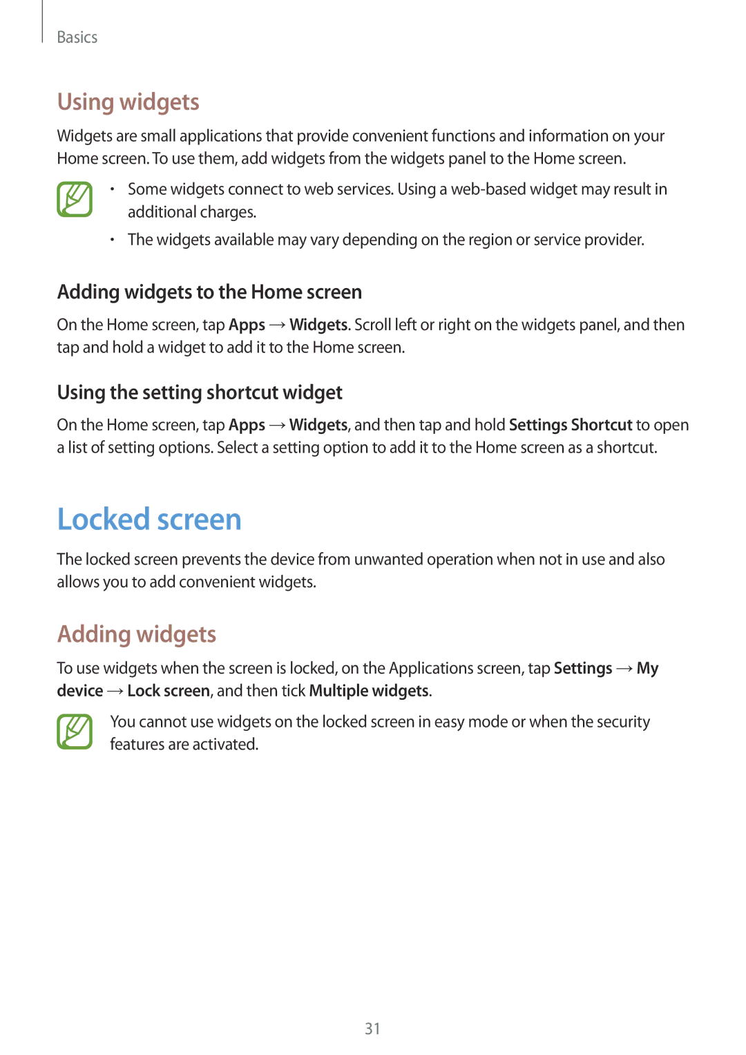 Samsung GT-I9192ZNAMRT, GT-I9192DKYTUN, GT-I9192ZPAMRT Locked screen, Using widgets, Adding widgets to the Home screen 