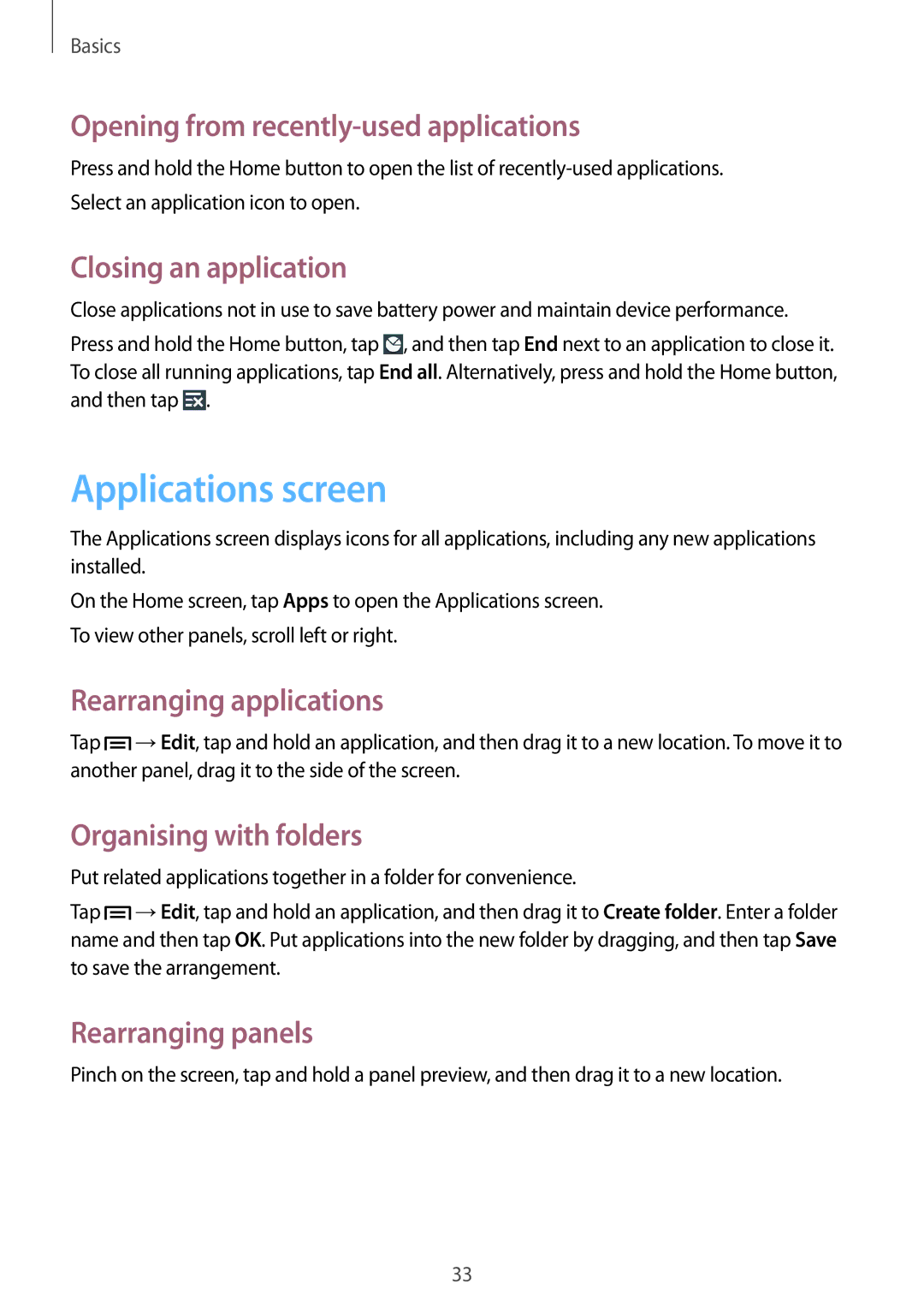 Samsung GT-I9192ZOALYS manual Applications screen, Opening from recently-used applications, Closing an application 