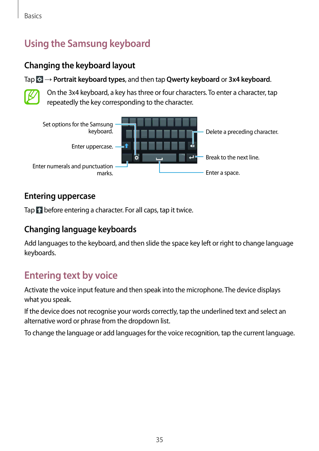 Samsung GT-I9192ZNASER, GT-I9192DKYTUN Using the Samsung keyboard, Entering text by voice, Changing the keyboard layout 