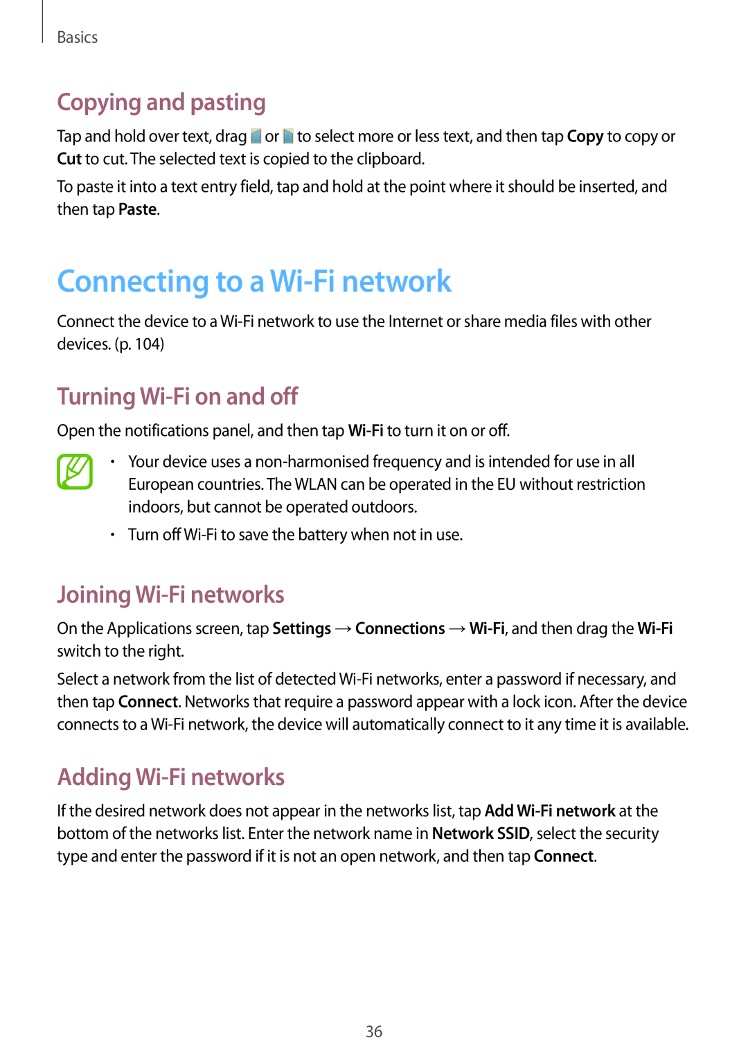 Samsung GT-I9192ZOASER Connecting to a Wi-Fi network, Copying and pasting, Turning Wi-Fi on and off, Adding Wi-Fi networks 