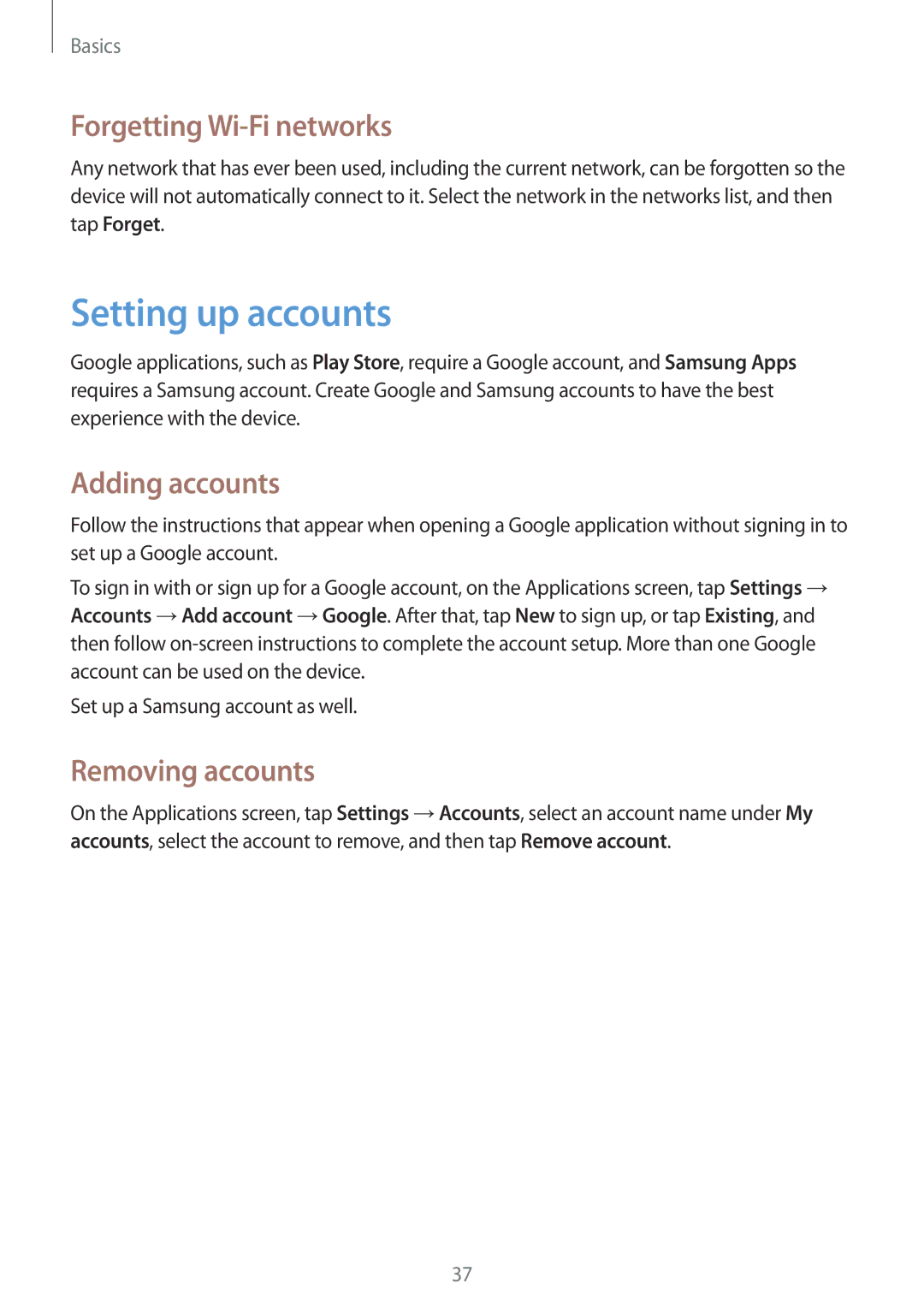 Samsung GT-I9192ZWASER, GT-I9192DKYTUN Setting up accounts, Forgetting Wi-Fi networks, Adding accounts, Removing accounts 