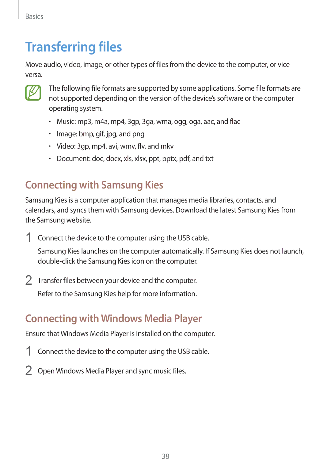 Samsung GT-I9192ZPASER manual Transferring files, Connecting with Samsung Kies, Connecting with Windows Media Player 