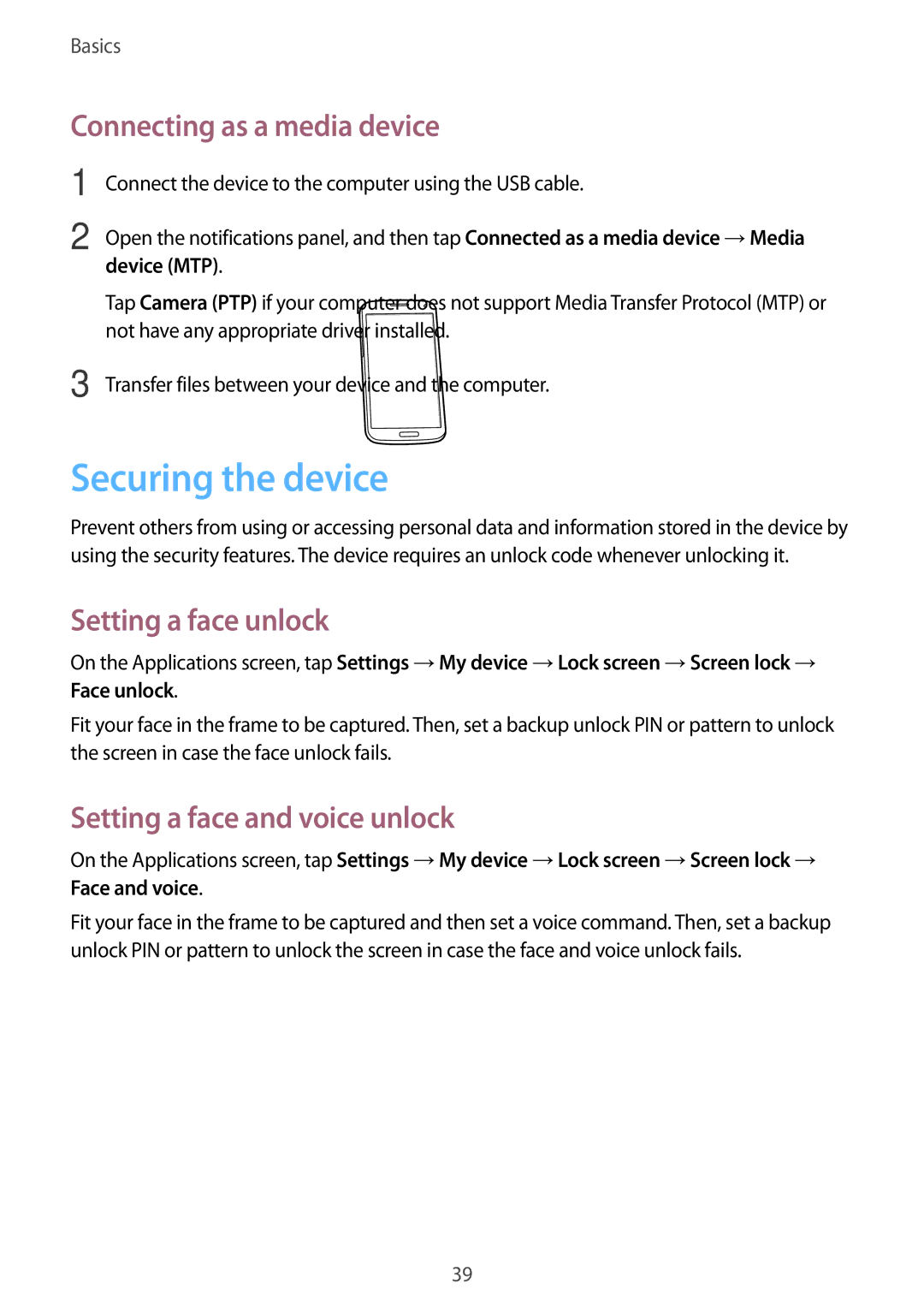 Samsung GT-I9192ZRASER manual Securing the device, Connecting as a media device, Setting a face unlock, Device MTP 