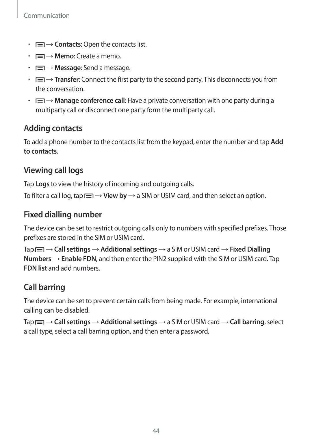 Samsung GT-I9192ZRZSER, GT-I9192DKYTUN manual Adding contacts, Viewing call logs, Fixed dialling number, Call barring 