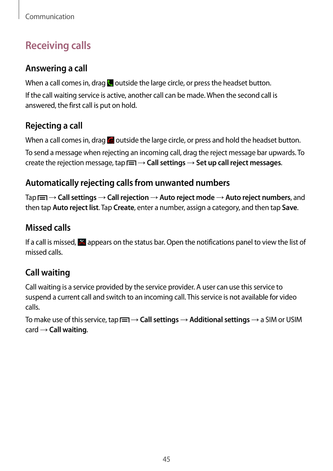 Samsung GT-I9192ZYASER, GT-I9192DKYTUN, GT-I9192ZPAMRT, GT-I9192ZNAAFR, GT-I9192ZOAAFR, GT-I9192ZRZTHR manual Receiving calls 