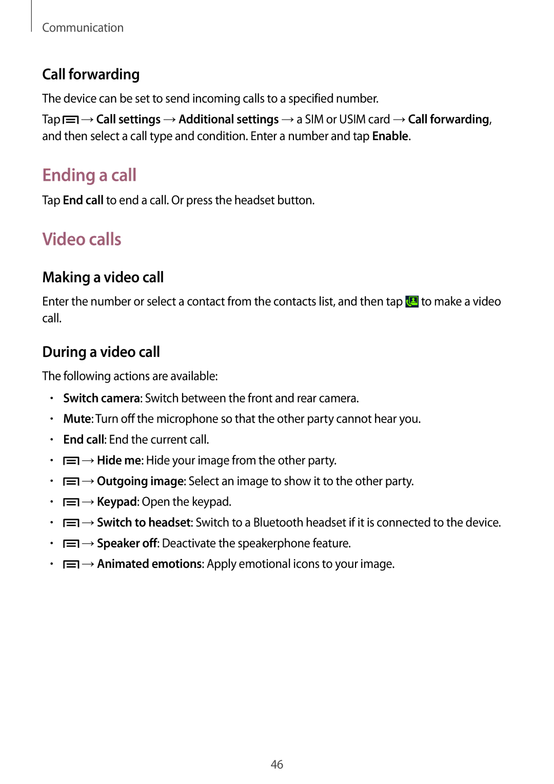 Samsung GT-I9192DKYTUN manual Ending a call, Video calls, Call forwarding, Making a video call, During a video call 