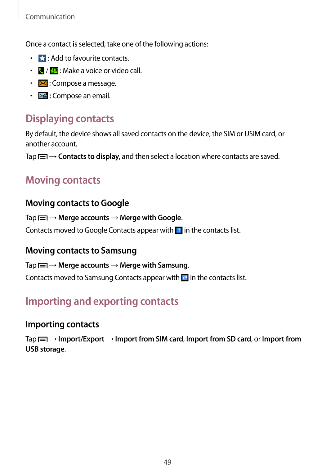 Samsung GT-I9192ZOAAFR, GT-I9192DKYTUN manual Displaying contacts, Moving contacts, Importing and exporting contacts 