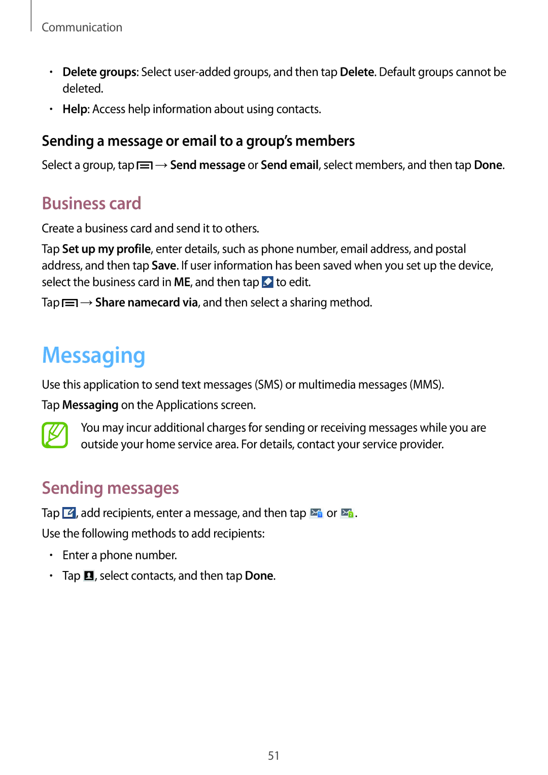 Samsung GT-I9192ZBAXFE manual Messaging, Business card, Sending messages, Sending a message or email to a group’s members 