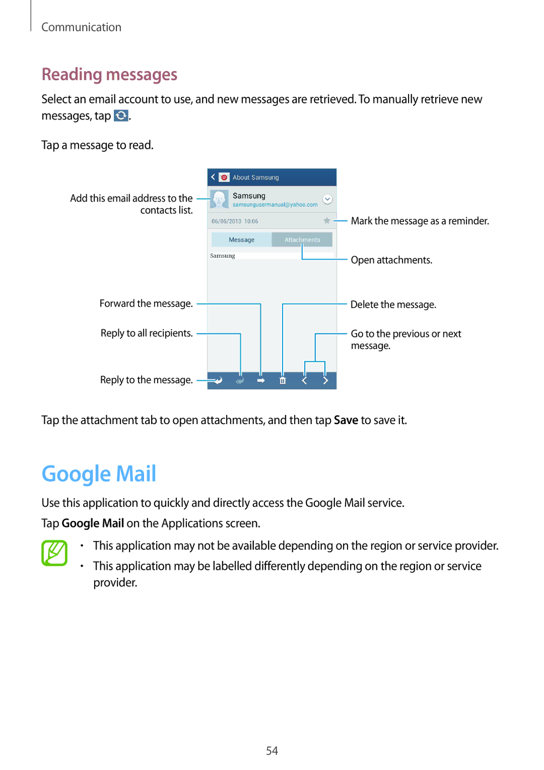 Samsung GT-I9192ZKAKSA, GT-I9192DKYTUN, GT-I9192ZPAMRT, GT-I9192ZNAAFR, GT-I9192ZOAAFR manual Google Mail, Reading messages 