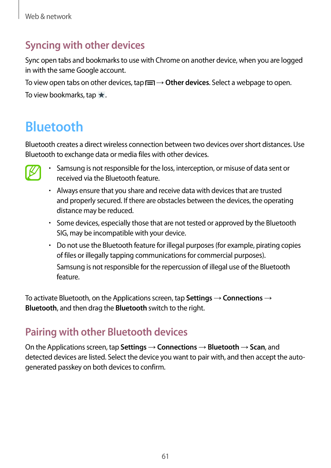 Samsung GT-I9192ZRAMRT, GT-I9192DKYTUN, GT-I9192ZPAMRT Syncing with other devices, Pairing with other Bluetooth devices 