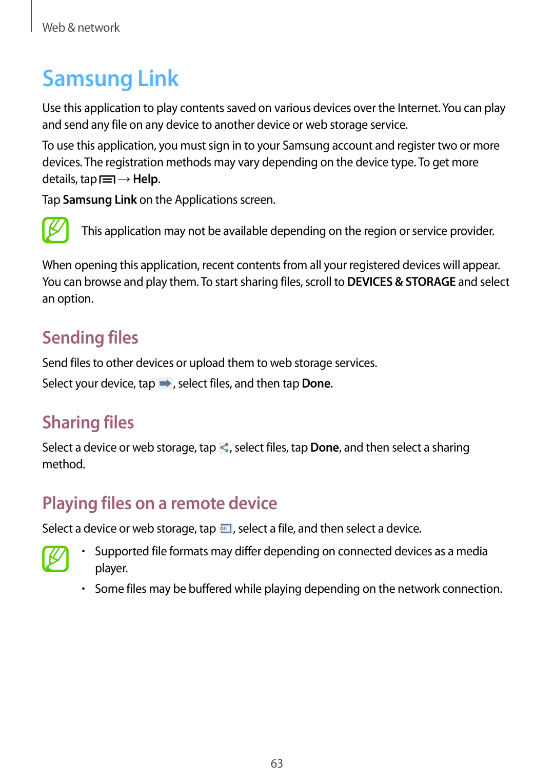 Samsung GT-I9192DKYAFG, GT-I9192DKYTUN manual Samsung Link, Sending files, Sharing files, Playing files on a remote device 