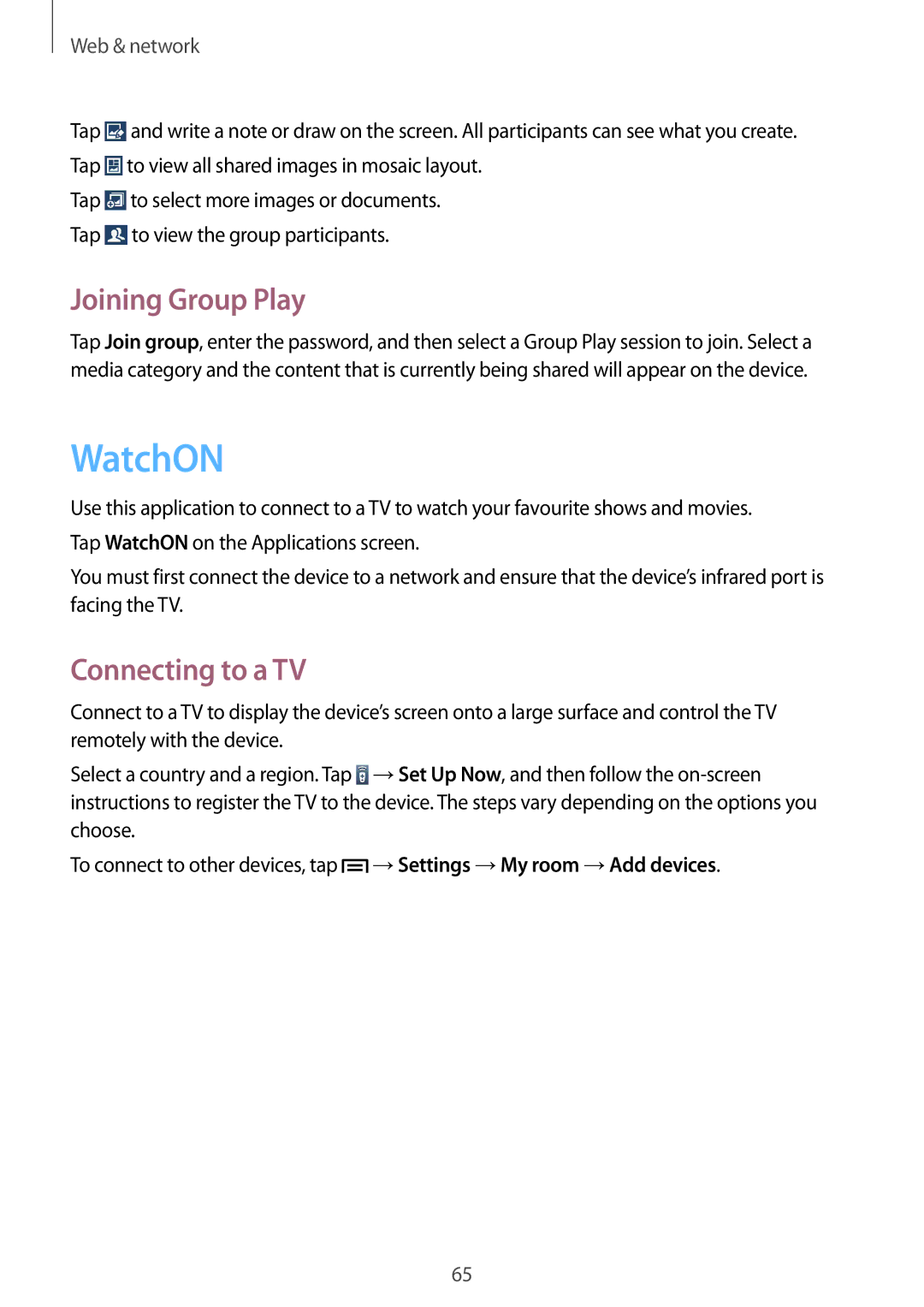 Samsung GT-I9192ZNATHR, GT-I9192DKYTUN, GT-I9192ZPAMRT, GT-I9192ZNAAFR manual WatchON, Joining Group Play, Connecting to a TV 